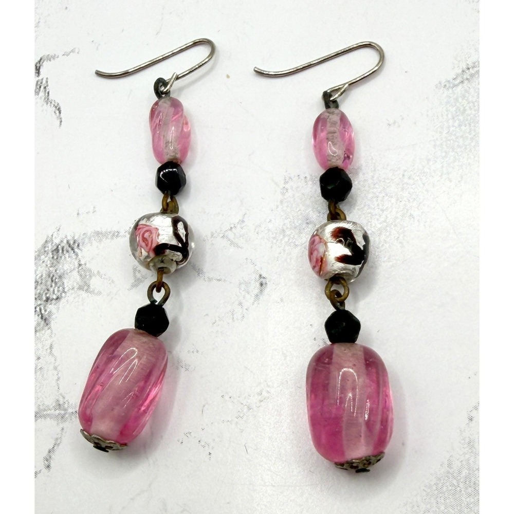 Boho Pink Glass Bead Dangle Drop Earrings‎ Spring Jewelry Garden Party